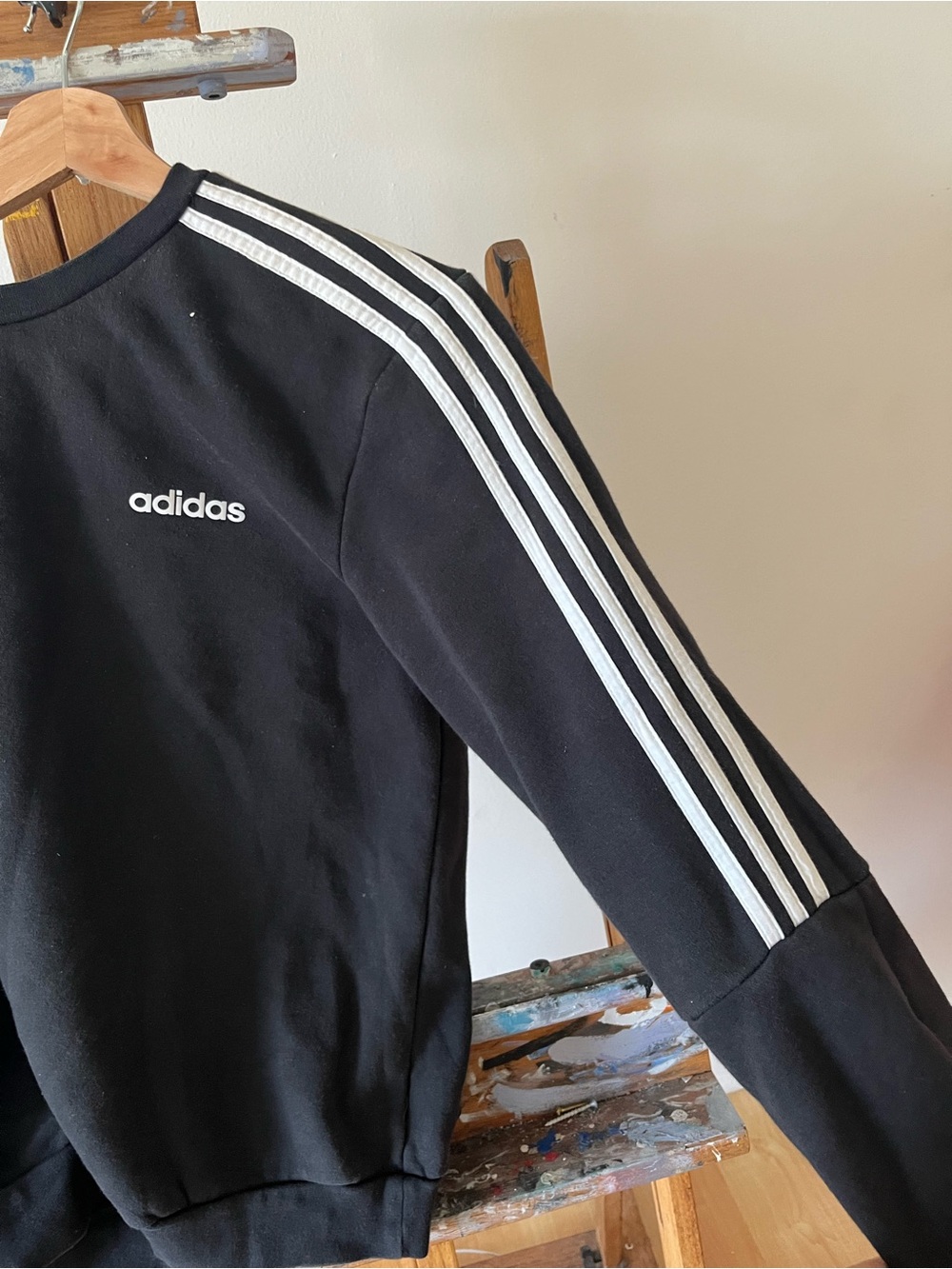 adidas Black Crewneck Sweater with White Three-Stripes
